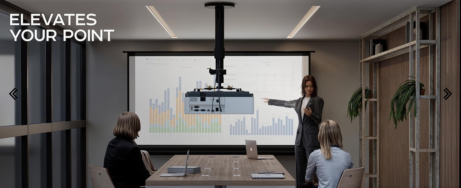 ELEVATES YOUR POINT; ceiling projector above conference table during presentation.