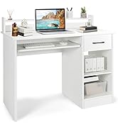 Tangkula White Computer Desk with Drawer &amp; Keyboard Tray, 22 Inch Wide Modern Study Writing Desk ...
