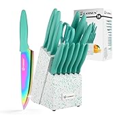 KATISUN Kitchen Knife Set with Block, 14 Piece Rainbow Titanium Coated Stainless Steel Knives Set...
