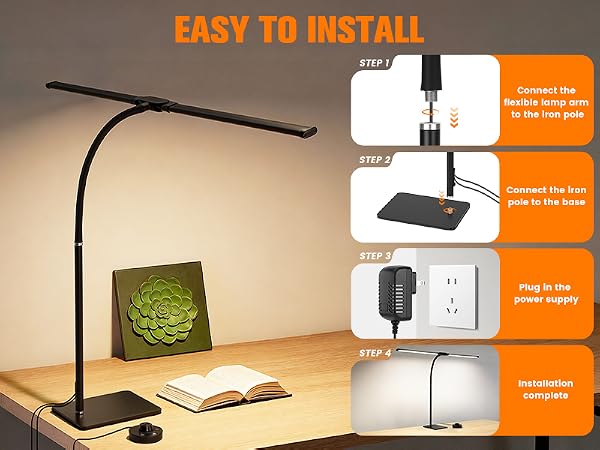LED Desk Lamp with Base, Double Head Smart Desk Light with Controller Table Lamp for Home Office