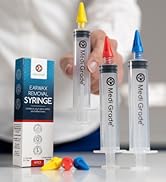 Medical syringes with colored tips alongside packaging, featuring three clear syringes with yellow, red, and blue caps.