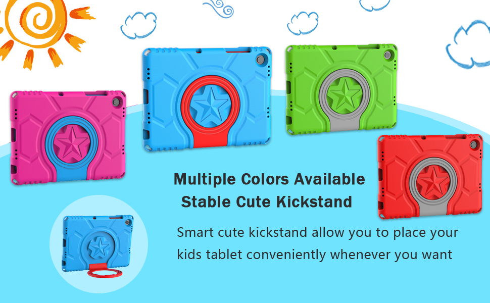Colorful tablet cases with kickstands in pink, blue, green, and red. Each case features a star design and built-in stand for convenient positioning.