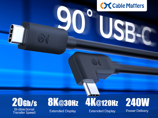 90 Degree Angled USB-C 20 Gbps Cable. 