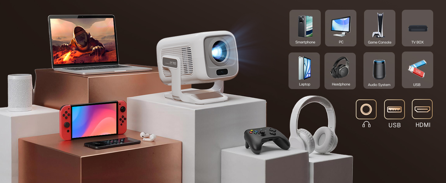 Smart Projector 4K Support Portable Auto Focus Apps Small Mini Projector with WiFi and Bluetooth