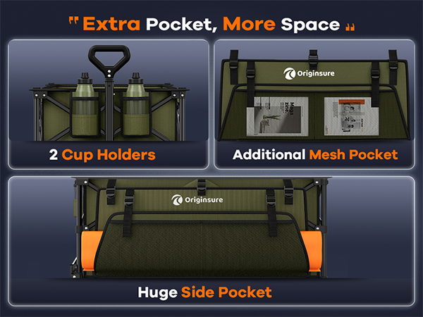 Huge side bags, side mesh bags and 2-cup brackets provide ample storage space