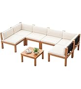 Devoko Outdoor Sectional Couch 7 Pieces Patio Sectional Sofa with Acacia Wood Coffee Table, Outdo...