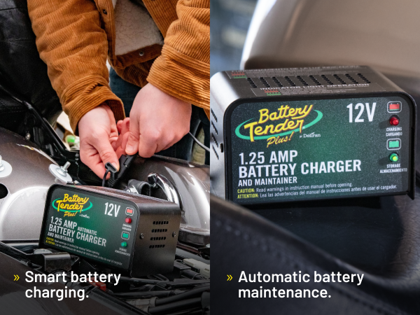 Battery Tender Plus sitting on a motorcycle with someone plugging it in in the background
