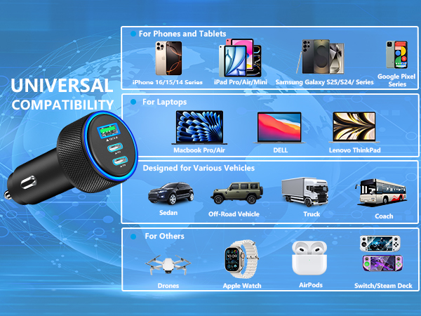MFi Certified 3-Port 67W USB-C + USB-A Power Cigarette Lighter iPhone 16 Car Charger Fast Charging