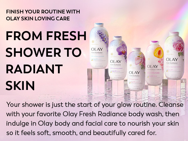 Collection of Olay Fresh Radiance products standing on translucent cubes