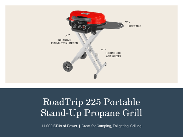 coleman roadtrips 225 portable stand up propane grill red side table ignition legs wheels power camp