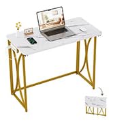 coeztt Folding Desk, 31.5" Small Desk for Bedroom with Power Outlet, Space Saving Foldable Comput...