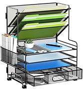 MINDEPOT 4-Tier Paper Organizer + 3-Pocket File Holder + Drawer + 2 Pen Holders, Desktop File Org...
