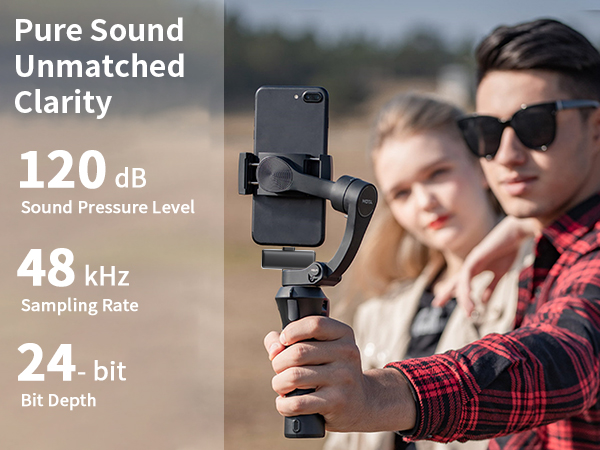 Text reads: 'Pure Sound Unmatched Clarity, 120 dB Sound Pressure Level, 48 kHz Sampling Rate, 24-bit Bit Depth'. Shows handheld camera gimbal stabilizer in outdoor setting.