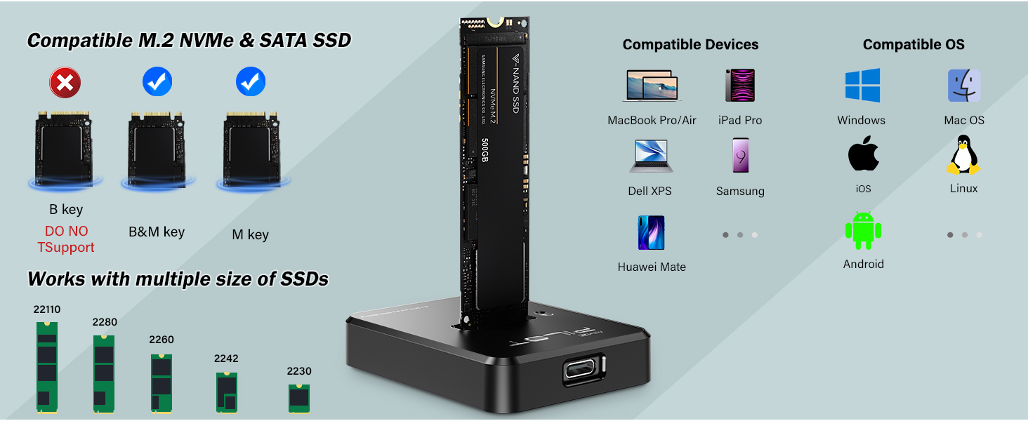 Universal M.2 SSD reader compatible with 2230 2242 2260 2280 22110 sizes up to 4TB capacity.