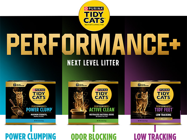 Three gold silhouettes of cats standing next to the three formulas of Tidy Cats Performance Plus. 