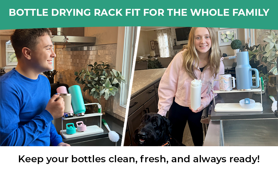 boy holding mug next to water bottle drying rack, girl holding water bottle with dog next to rack