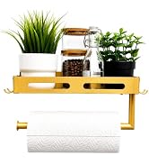 Gold Paper Towel Holder Wall Mount with Shelf, Easy One Hand Tear, Adhesive Glue or Drill Mount H...
