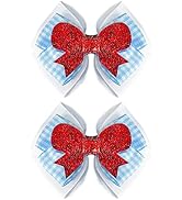 2 Pcs Red Glitter and Blue Gingham Hair Bow Clips, Sparkly Costume Accessories for Halloween, Dre...