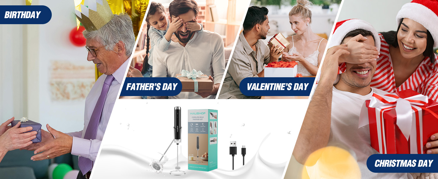 Black Handheld Cordless Milk Frother Set with Stand