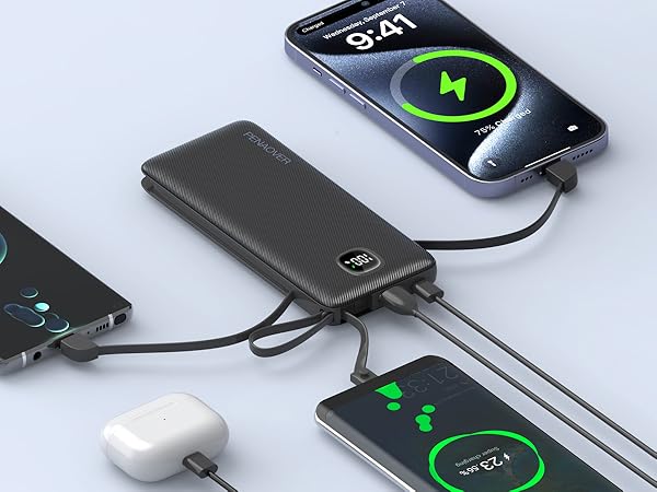 penaover portable charger with built in cables