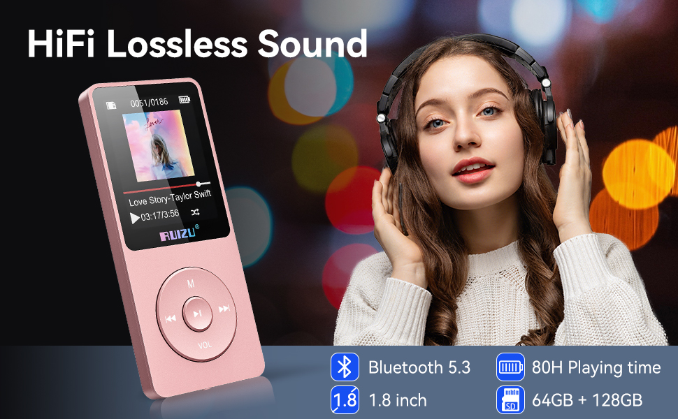 64GB MP3 Player with Bluetooth 5.3 Small Portable Music Player with Speaker FM Radio Voice Recorder