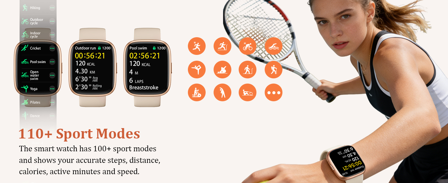Text reads: '110+ Sport Modes'. Display of smartwatch interface options showing various sport and activity tracking modes with icons.