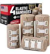 Mighty-X elastic bandages set with 4 rolls in beige color, featuring adjustable fasteners. Package shows American flag and '2 SIZES' label.