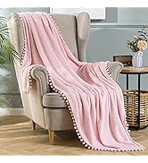 MIULEE Fleece Blanket with Pompom Fringe, Soft Cozy Lightweight Flannel Bed Blanket Fuzzy Plush W...