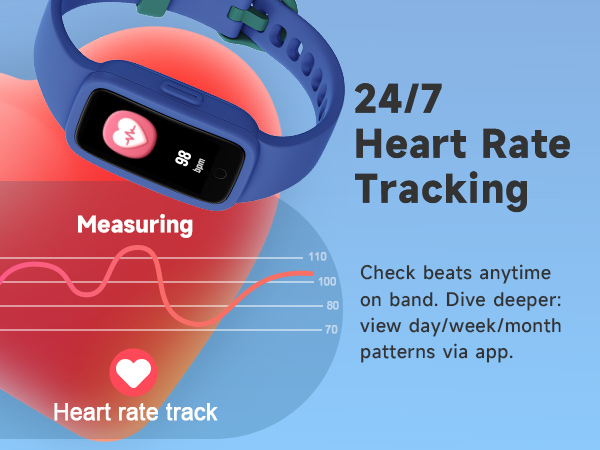 Text reads '24/7 Heart Rate Tracking', 'Check beats anytime', 'Measuring'. Health tracking interface design with heart rate monitoring graphics on blue and red background.