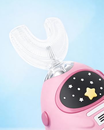 FanHwaDaiMung kids u shaped electric toothbrush in Power Pink with gentle silicone brush head