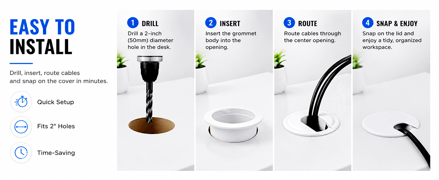 Easy installation steps for white desk cable grommets in a 2 inch hole