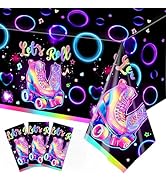 LINHAXM 3 Pack Roller Skating Tablecloths, Roller Skating Party Decorations, Let’s Roll Tableclot...
