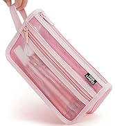Four Candies Grid Mesh Pencil Case with Handle and Zipper, Clear Double-layer Pencil Pouch Marker...