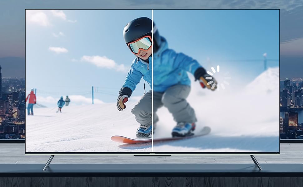Text reads 'None-flickering: Our 4K displayport cable is good for video streaming or gaming. High stable refresh rate reduces flicker to give you a really comfortable gaming experience.' Shows split-screen TV display with skiing scene.