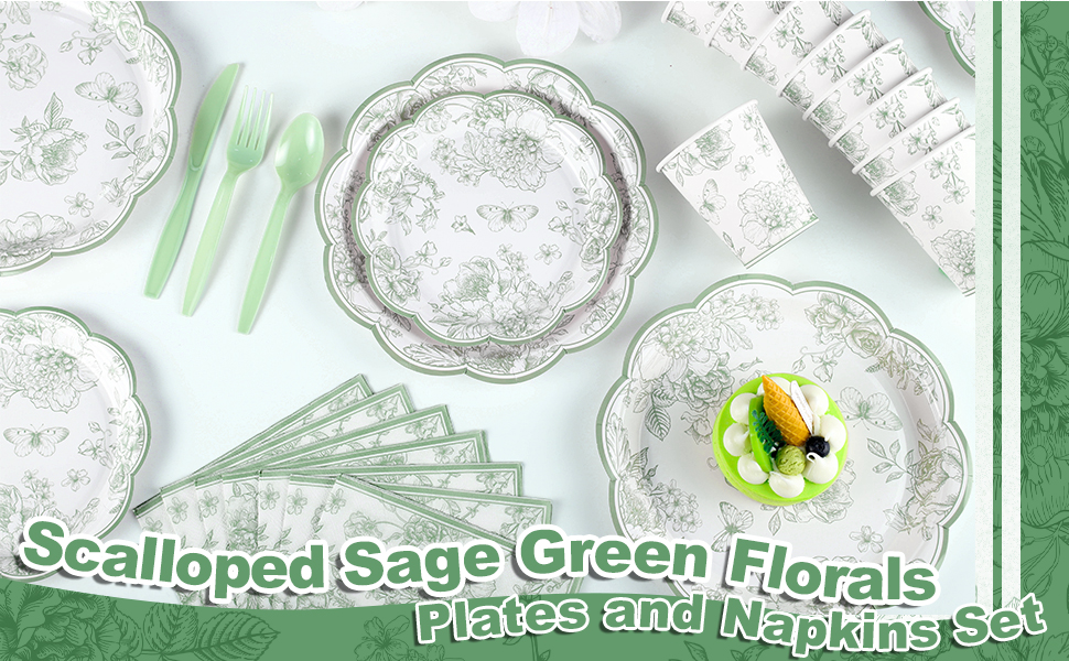 sage green floral plates