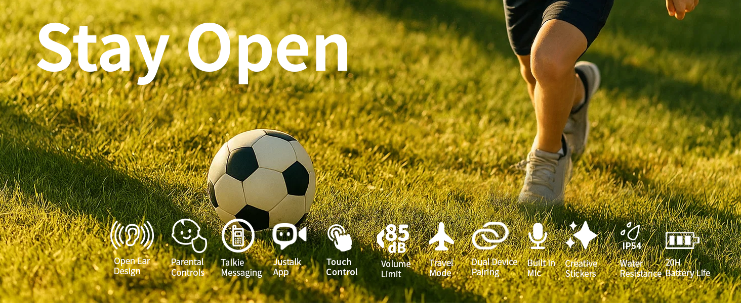 Open-ear kids Bluetooth headphones with 85 dB limit, touch control, dual-device pairing