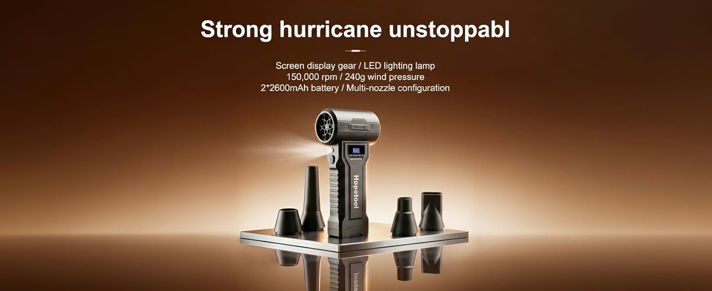 Text reads 'Strong hurricane unstoppable'. Compact black electronic device with multiple cylindrical attachments displayed on warm amber-lit background.
