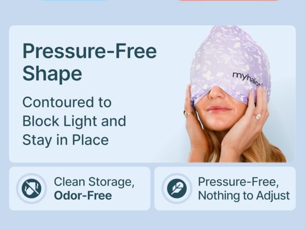 Text reads 'Pressure-Free', 'Shape', 'Clean Storage, Odor-Free', 'Contoured to Stay in Place'. Product features diagram showing benefits of hygiene product.
