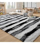 FALARK Shag Striped Area Rug, Black and White Rugs for Bedroom, 4x6 Feet Fluffy High Pile Carpet ...