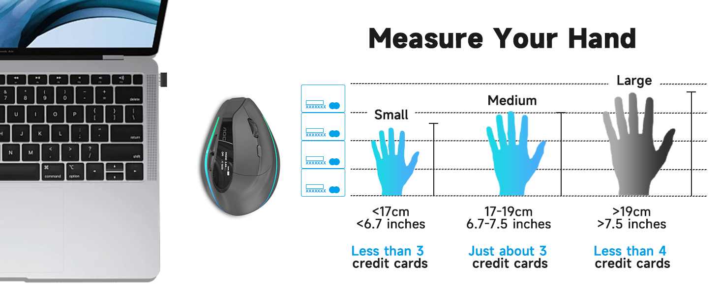 Hand size guide ensuring the perfect and comfortable grip for the MS610 ergonomic vertical mouse