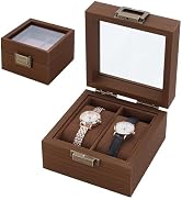 AHANDMAKER 2 Slots Wood Watch Storage Boxes, Coconut Brown Watch Display Case with Glass Window, ...