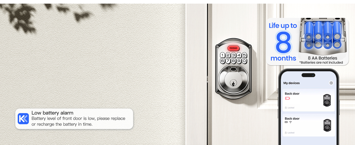 Powered by 8 AA batteries, lasting up to 8 months