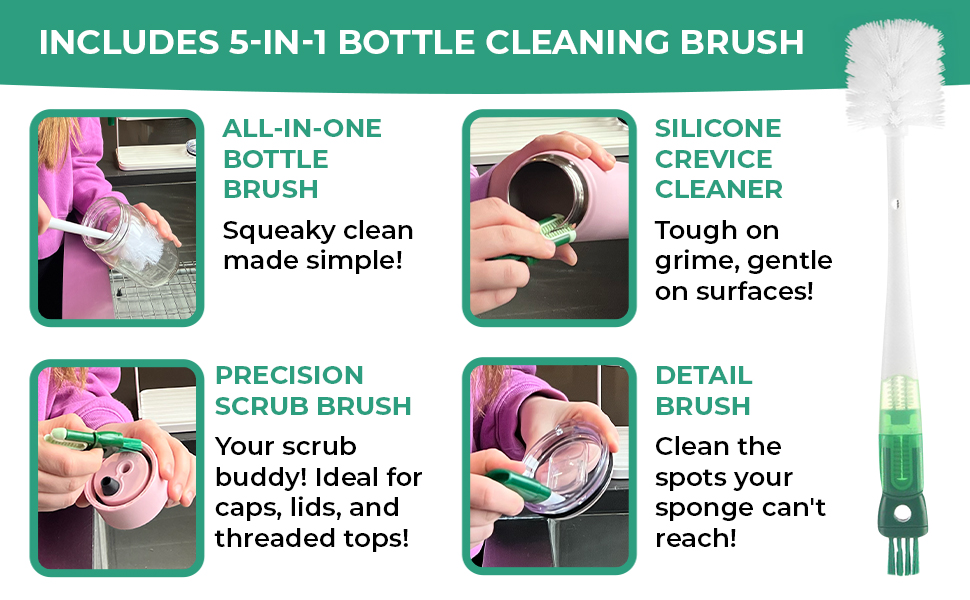 5-in-1 Bottle Cleaning Brush. 4 images shows 4 tools cleaning water bottle lid, rim, thread and jar