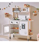 Play-Kitchen-for-Kids with 18 Pcs Toy Food &amp; Cookware Accessories Playset Wooden Chef Pretend Pla...