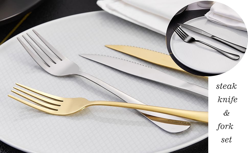 Rygten QU 12-Piece Steak Knives Set, steak knife and fork set, Cutlery Utensil Set Service for 6