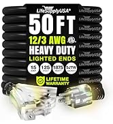 50ft Outdoor/Indoor Extension Cord 3-Outlet 12/3 Gauge Extra Heavy Duty ETL Listed, 3 Prong SJTW,...