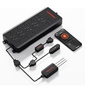 Smart power strip with multiple outlets, wireless remote control, and interconnected control modules shown on white background. Features black housing with red accents.