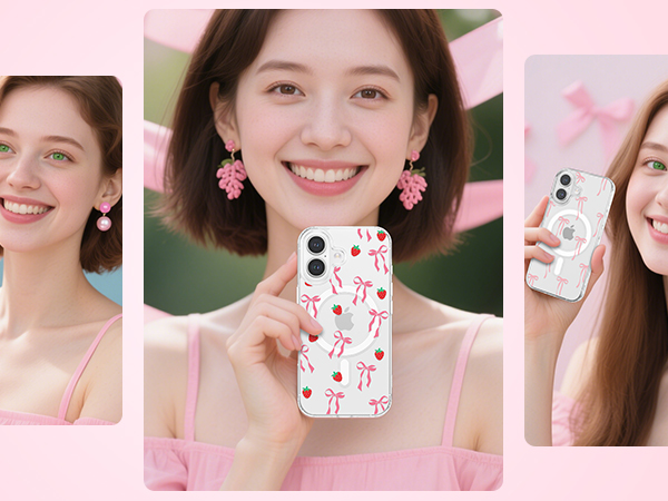 Product showcase featuring phone case with decorative pattern, shown from multiple angles against pink background.