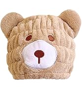 LCBD Microfiber Hair Towel Wrap for Kids, Brown Bear Dry Hair Cap Set with Hair Scrunchies, Absor...