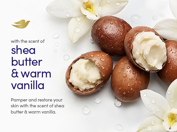 Shea butter and vanilla fragrance claim with shea nuts and vanilla flowers covered in water droplet